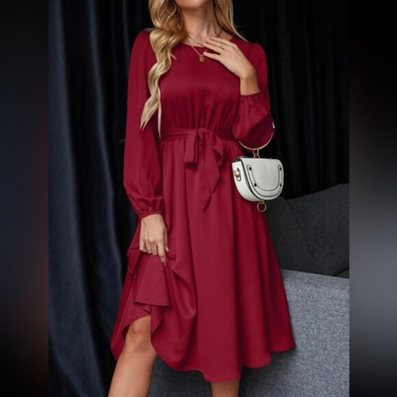 Luxe lantern sleeve belted dress - Picture 11 of 15